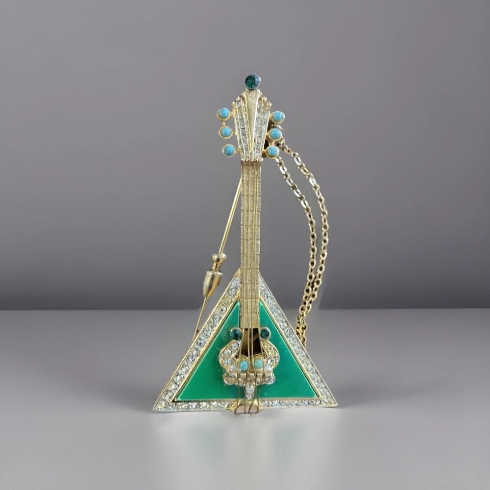 Rare 1960s Signed R. MANDLE Multicolored Balalaika Guitar Brooch. Pristine!